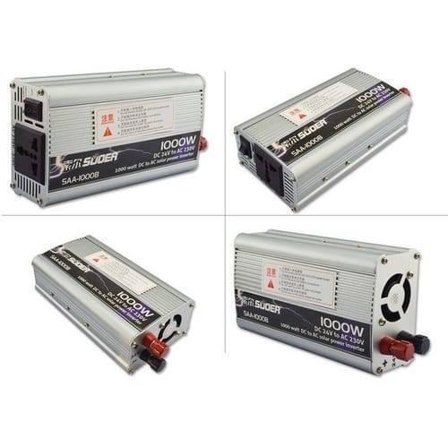 24V To 220V Inverter 1000W Modified Sine Wave Power Inverter - shown in four views, featuring a silver metal casing, AC outlet, power switch, and terminals.