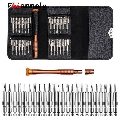 25 In 1 Precision Screwdrivers Set,mini Screwdrivers Repair Tools Kits With Leather Case For Mobile Phone, Pc Laptop, Macbook, Tablet, Ipad, Computers - a copper-coloured handle, twenty-four metal screwdriver bits, and a black leather storage case.