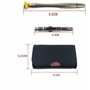 25 In 1 Precision Screwdrivers Set,mini Screwdrivers Repair Tools Kits With Leather Case For Mobile Phone, Pc Laptop, Macbook, Tablet, Ipad, Computers - a metal screwdriver handle, a screwdriver bit, and a black leather case with dimension labels.