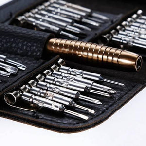 25 In 1 Precision Screwdrivers Set,mini Screwdrivers Repair Tools Kits With Leather Case For Mobile Phone, Pc Laptop, Macbook, Tablet, Ipad, Computers - a close-up showing silver screwdriver bits and a gold-toned handle organized inside a black leather case.