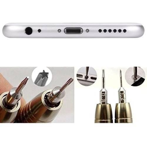 25 In 1 Precision Screwdrivers Set,mini Screwdrivers Repair Tools Kits With Leather Case For Mobile Phone, Pc Laptop, Macbook, Tablet, Ipad, Computers - a close-up of screwdriver bits being used on the bottom edge of a smartphone with a charging port and speakers.