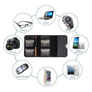 25 In 1 Precision Screwdrivers Set,mini Screwdrivers Repair Tools Kits With Leather Case For Mobile Phone, Pc Laptop, Macbook, Tablet, Ipad, Computers - a black leather wallet case with a handle and metal bits, surrounded by icons of devices it can repair.