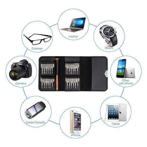 25 In 1 Precision Screwdrivers Set,mini Screwdrivers Repair Tools Kits With Leather Case For Mobile Phone, Pc Laptop, Macbook, Tablet, Ipad, Computers - a black leather wallet case with a handle and metal bits, surrounded by icons of devices it can repair.