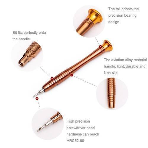 25 In 1 Precision Screwdrivers Set,mini Screwdrivers Repair Tools Kits With Leather Case For Mobile Phone, Pc Laptop, Macbook, Tablet, Ipad, Computers - a copper-colored precision screwdriver with callouts detailing its bearing tail, alloy handle, and bit head.