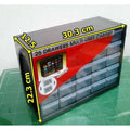 25 Section Cabinet Plastic Drawer Organizer Box Components Jewelry Box - a black cabinet with 25 clear plastic drawers and yellow dimension labels on a green cutting mat.