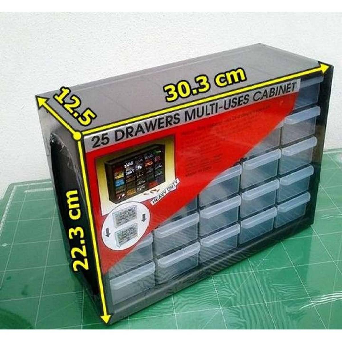 25 Section Cabinet Plastic Drawer Organizer Box Components Jewelry Box - a black cabinet with 25 clear plastic drawers and yellow dimension labels on a green cutting mat.