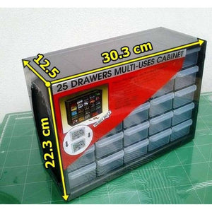 25 Section Cabinet Plastic Drawer Organizer Box Components Jewelry Box - a black cabinet with 25 clear plastic drawers and yellow dimension labels on a green cutting mat.