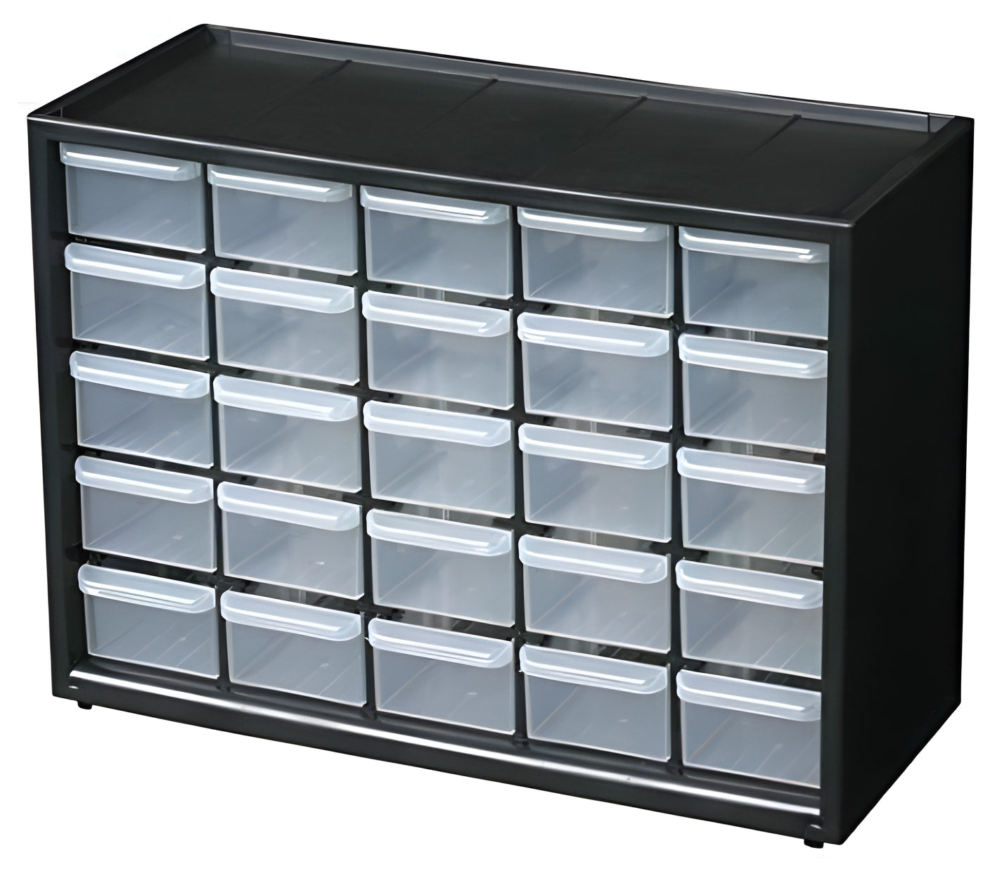 25 Section Cabinet Plastic Drawer Organizer Box Components Jewelry Box - a black storage unit featuring 25 clear, rectangular pull-out drawers arranged in a five-by-five grid.