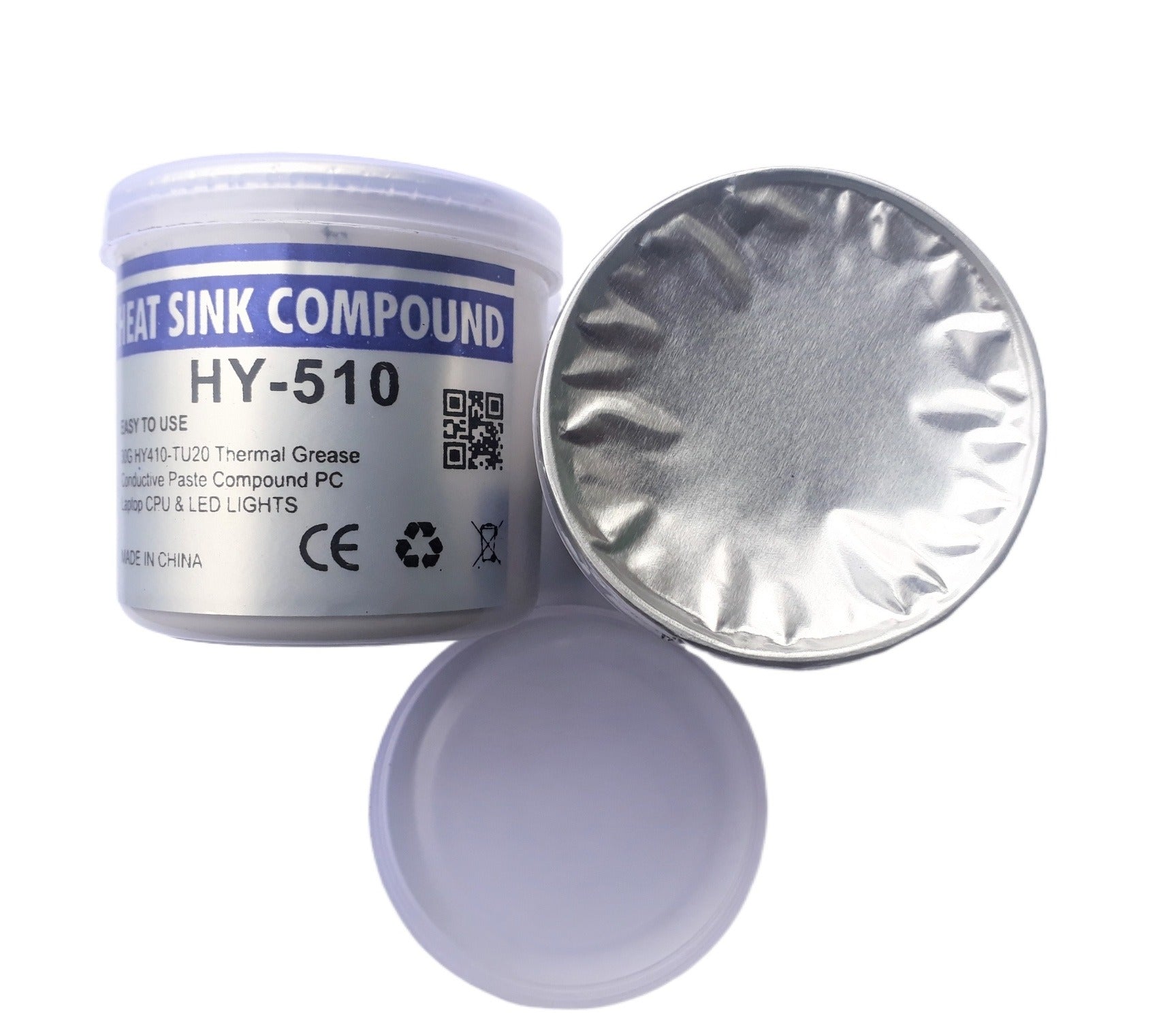 250 Gram Hy-510 Heat Sink Thermal Compound Grease Gel- Enhance Heat Dissipation For Enhanced Performance - a white cylindrical container with a silver foil seal and a detached white plastic lid.