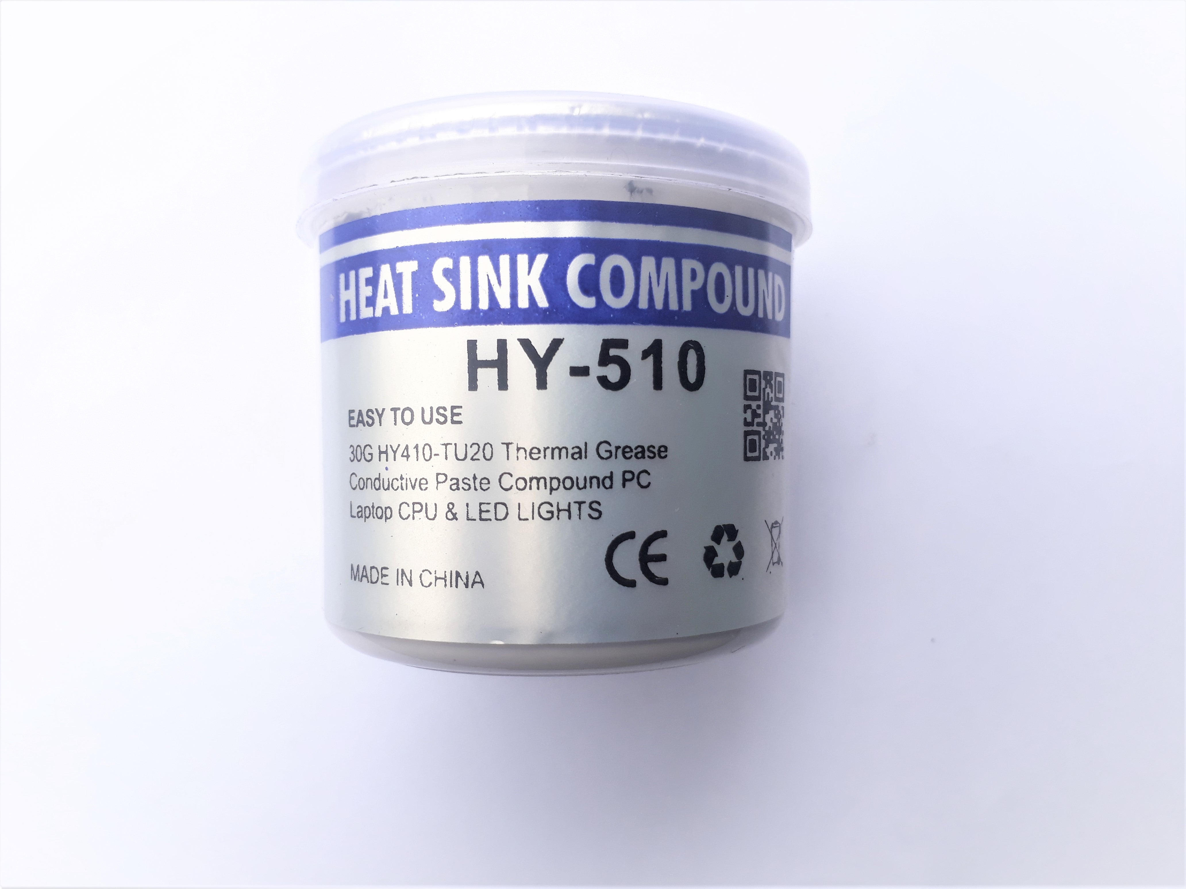 250 Gram Hy-510 Heat Sink Thermal Compound Grease Gel- Enhance Heat Dissipation For Enhanced Performance - a white cylindrical plastic container with a blue and silver label showing product name, weight, and usage instructions.