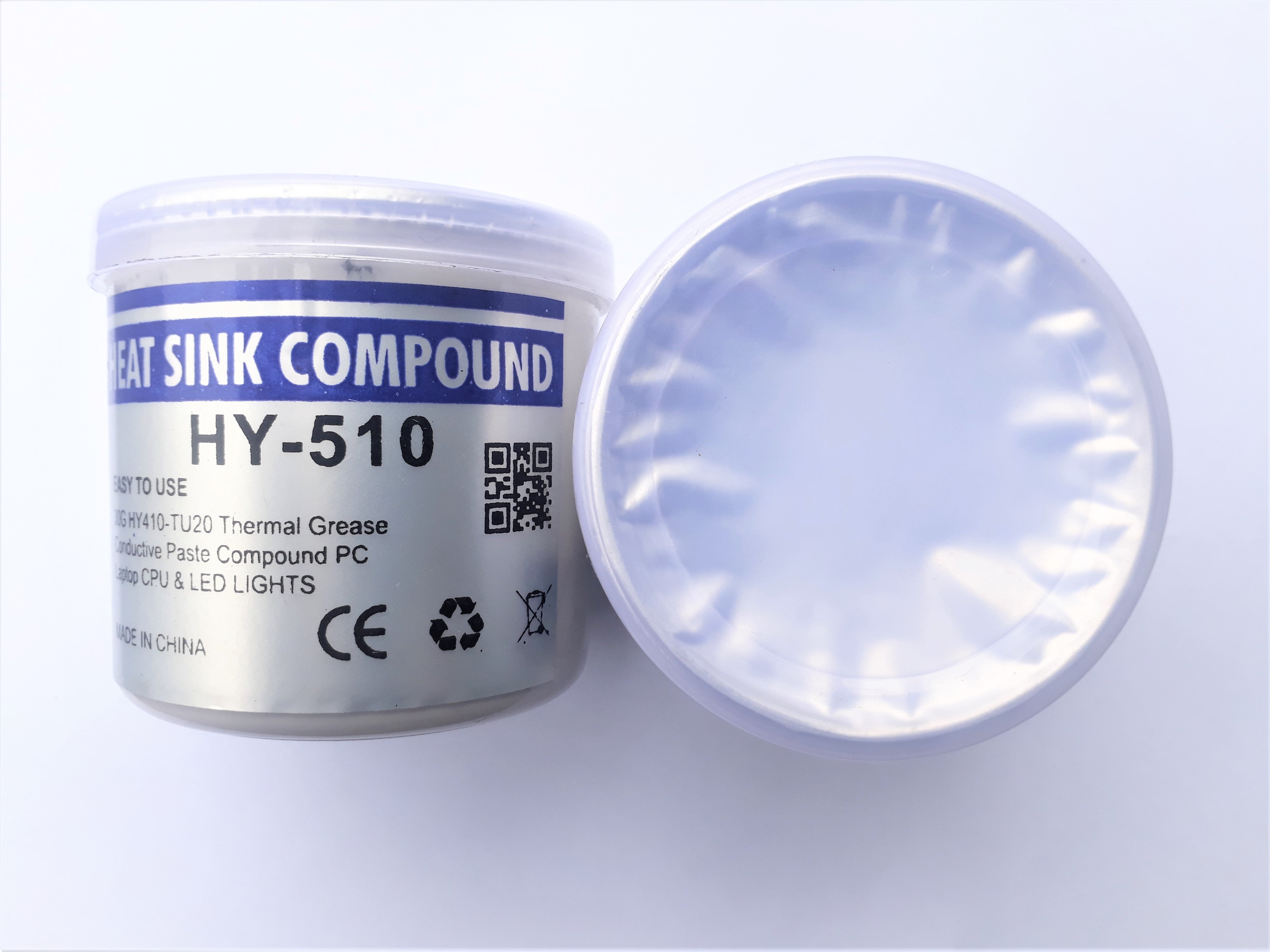 250 Gram Hy-510 Heat Sink Thermal Compound Grease Gel- Enhance Heat Dissipation For Enhanced Performance - a white cylindrical container with a label showing the model name and a QR code, alongside its sealed lid.