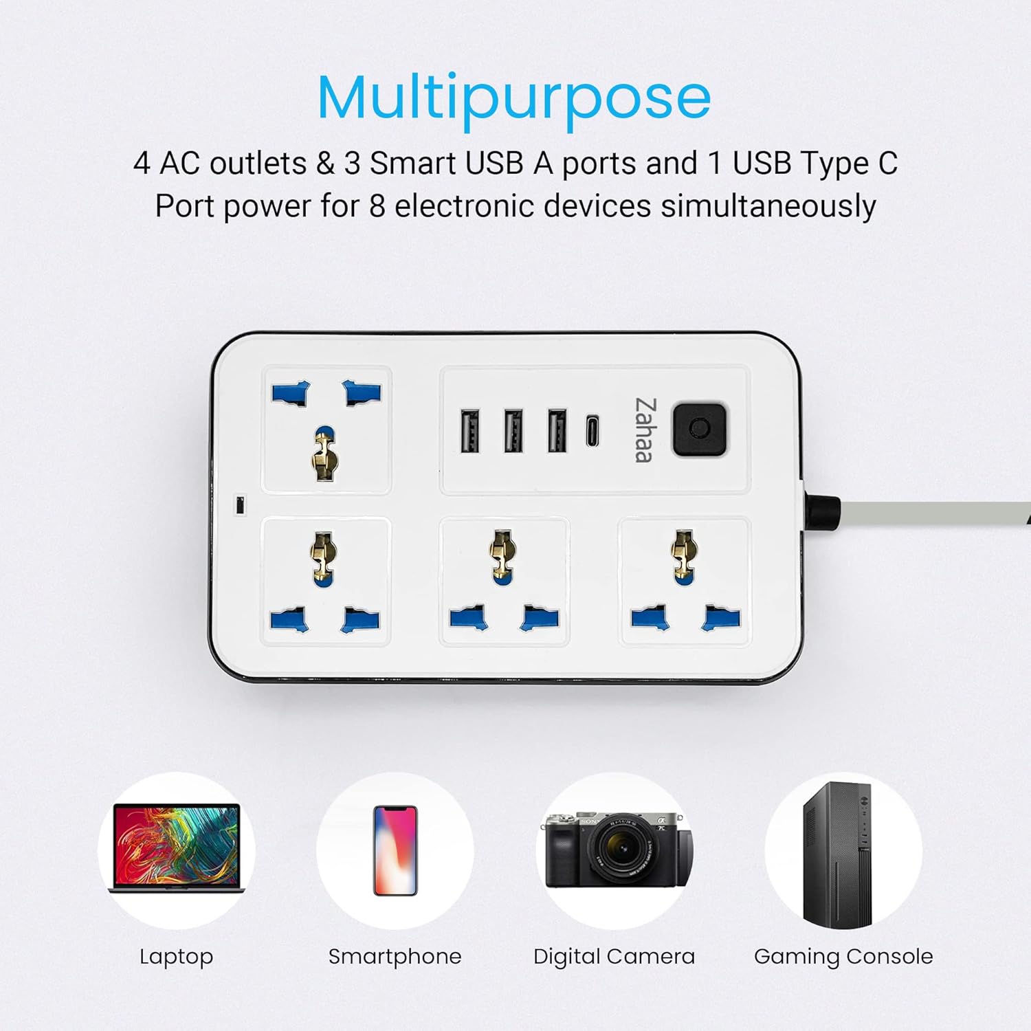 2500W Universal Power Extension With 4 Sockets 3 USB And 1 Type C Port Price - a white rectangular power strip with four outlets, three USB-A ports, and one USB-C port, a power switch, and icons for a laptop, smartphone, camera, and console.