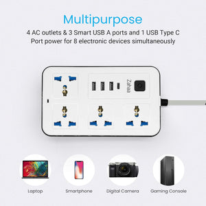 2500W Universal Power Extension With 4 Sockets 3 USB And 1 Type C Port Price - a white rectangular power strip with four outlets, three USB-A ports, and one USB-C port, a power switch, and icons for a laptop, smartphone, camera, and console.