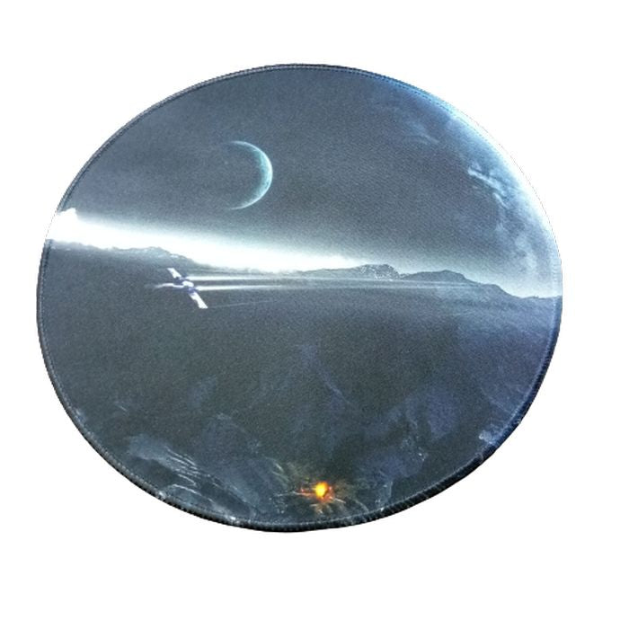 250MMX250MM Mouse Pad - a circular design with a dark, space-themed landscape showing a crescent moon and a flying spacecraft.