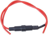 250V 10A Glass Tube Fuse Holder Inline Screw Type Cap 20mm x 5mm - shown as a black cylindrical fuse holder with red wire leads extending from both ends.