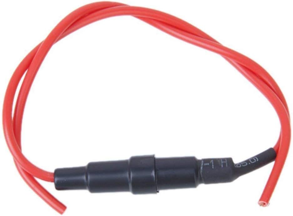 250V 10A Glass Tube Fuse Holder Inline Screw Type Cap 20mm x 5mm - shown as a black cylindrical fuse holder with red wire leads extending from both ends.