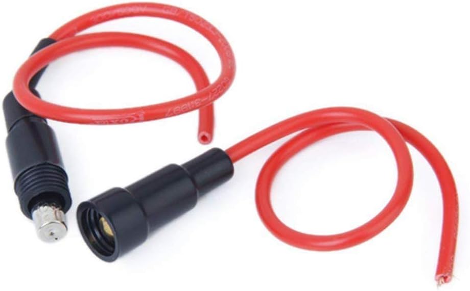250V 10A Glass Tube Fuse Holder Inline Screw Type Cap 20mm x 5mm - two red wire leads connected to black cylindrical screw-type fuse holders.