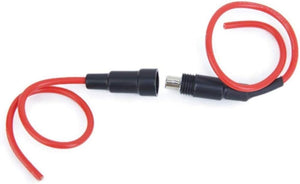 250V 10A Glass Tube Fuse Holder Inline Screw Type Cap 20mm x 5mm - shown as two separated black plastic connector pieces with attached red wire leads.