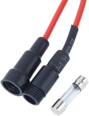 250V 10A Glass Tube Fuse Holder Inline Screw Type Cap 20mm x 5mm - a black screw-type inline fuse holder with red wires and a glass tube fuse.