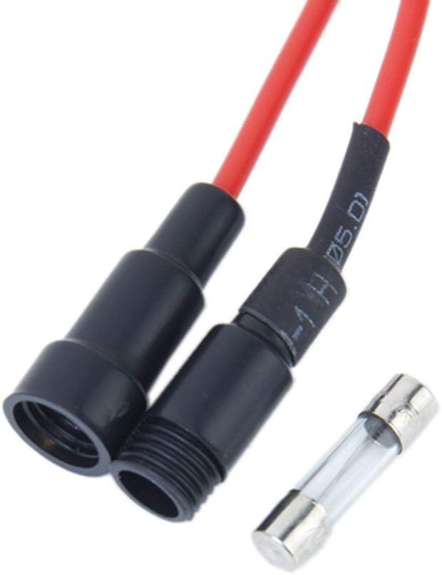 250V 10A Glass Tube Fuse Holder Inline Screw Type Cap 20mm x 5mm - a black screw-type inline fuse holder with red wires and a glass tube fuse.