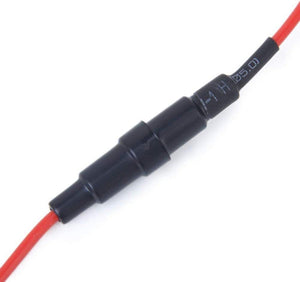 250V 10A Glass Tube Fuse Holder Inline Screw Type Cap 20mm x 5mm - shown as a black cylindrical inline fuse holder connected to red wires.
