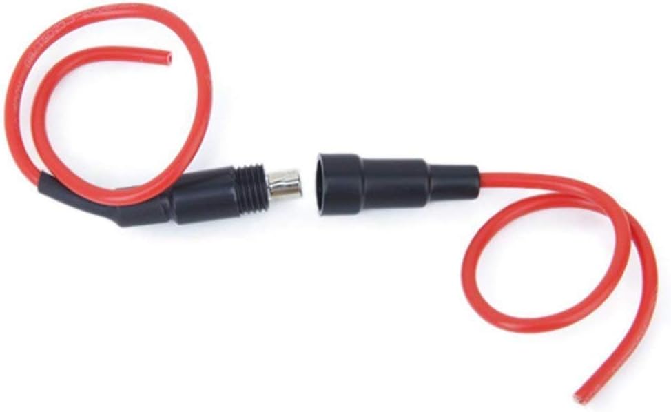 250V 10A Glass Tube Fuse Holder Inline Screw Type Cap 20mm x 5mm - shown as two black cylindrical screw-together housing pieces with attached red wires.