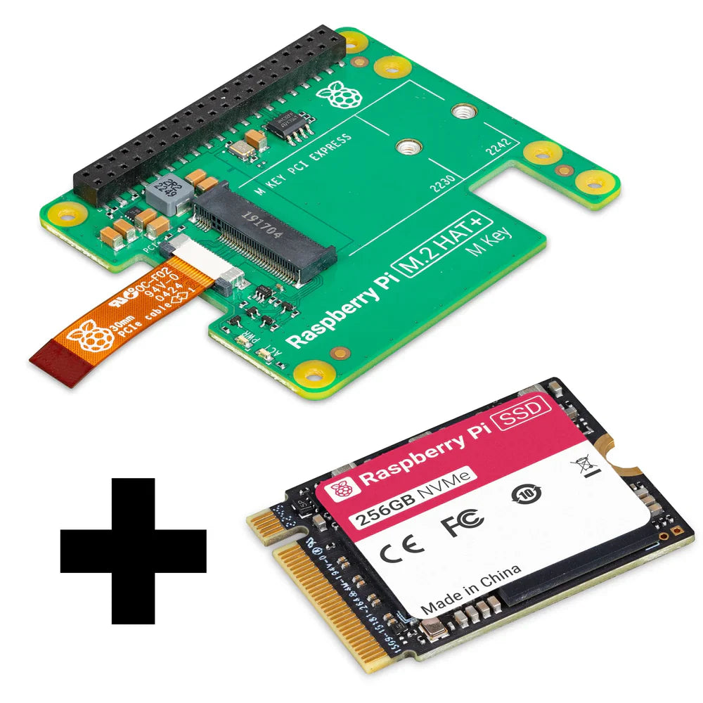 256GB Raspberry Pi SSD Kit SSD Kit M.2 SSD & M.2 Hat - a green M.2 HAT+ board with a PCIe cable and a separate 256GB NVMe SSD labeled with Raspberry Pi branding.