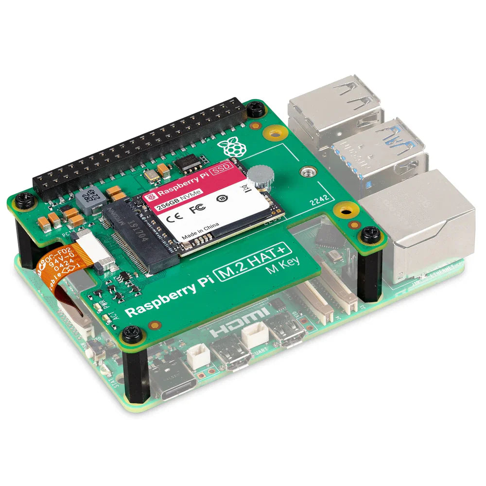 256GB Raspberry Pi SSD Kit SSD Kit M.2 SSD & M.2 Hat - a green M.2 HAT+ board mounted on a Raspberry Pi with a 256GB NVMe SSD, visible ports, and black standoffs.