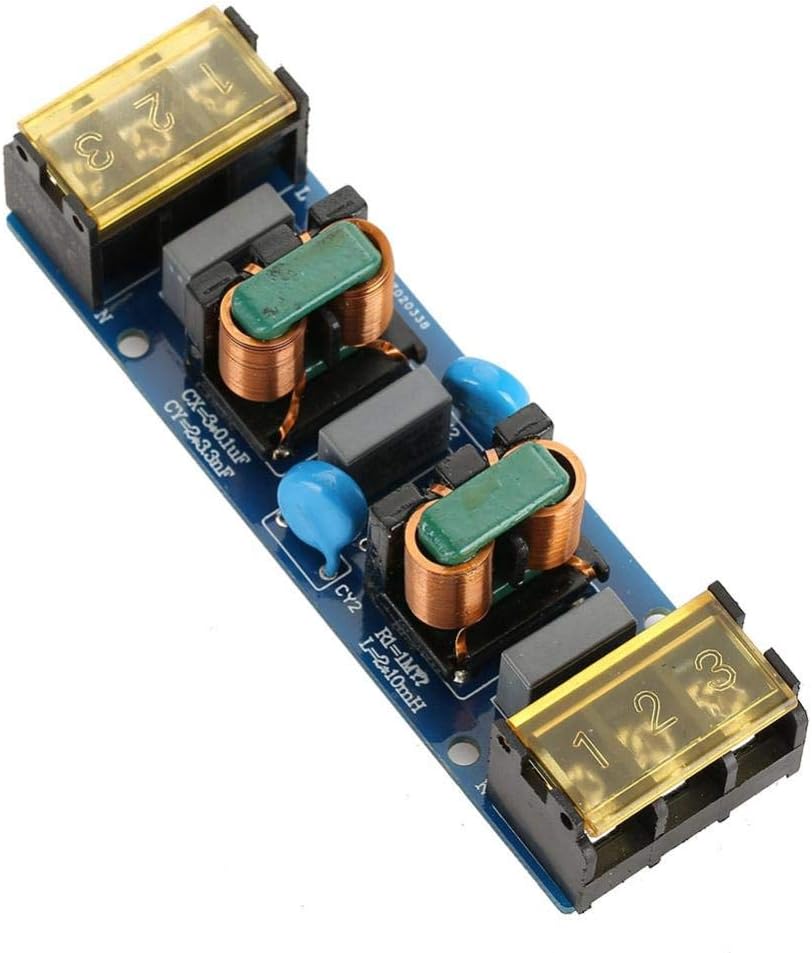 25A EMI Filter Module Board - High Frequency Two-stage Power Low-pass Filter - a blue rectangular circuit board featuring two copper-wound inductors, capacitors, and two yellow-capped terminal blocks.
