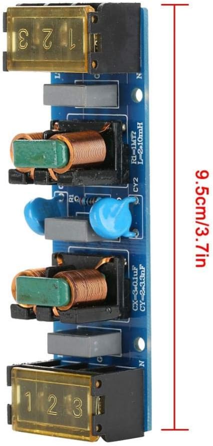 25A EMI Filter Module Board - High Frequency Two-stage Power Low-pass Filter - shown as a blue rectangular circuit board with two yellow terminal blocks, two copper coils, and capacitors, 9.5cm long.