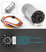 25GA370 12V 280RPM DC Gear Motor With Encoder (high Torque Geared Motor) - a silver cylindrical motor with a rear encoder board, a 6-pin connector, and a multi-colored cable.