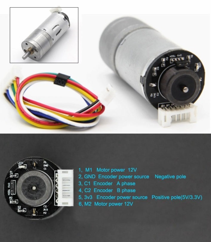 25GA370 12V 280RPM DC Gear Motor With Encoder (high Torque Geared Motor) - a silver cylindrical motor with a rear encoder board, a 6-pin connector, and a multi-colored cable.