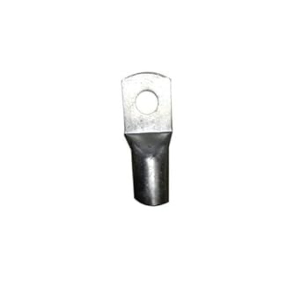 25mm Tinned Copper Cable Lug with 5mm Bolt Hole | Inverter Battery Terminal Lug - a silver-colored metal lug with a cylindrical wire connector and a flat terminal end with a hole.