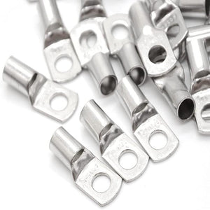 25mm Tinned Copper Cable Lug with 5mm Bolt Hole | Inverter Battery Terminal Lug - a pile of silver-colored metal ring terminals with cylindrical wire barrels.