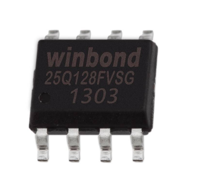 25Q128 SPI EPROM EEPROM Memory Flash Chip Dell - a black 8-pin integrated circuit with "winbond 25Q128FVSG 1303" printed on its surface.