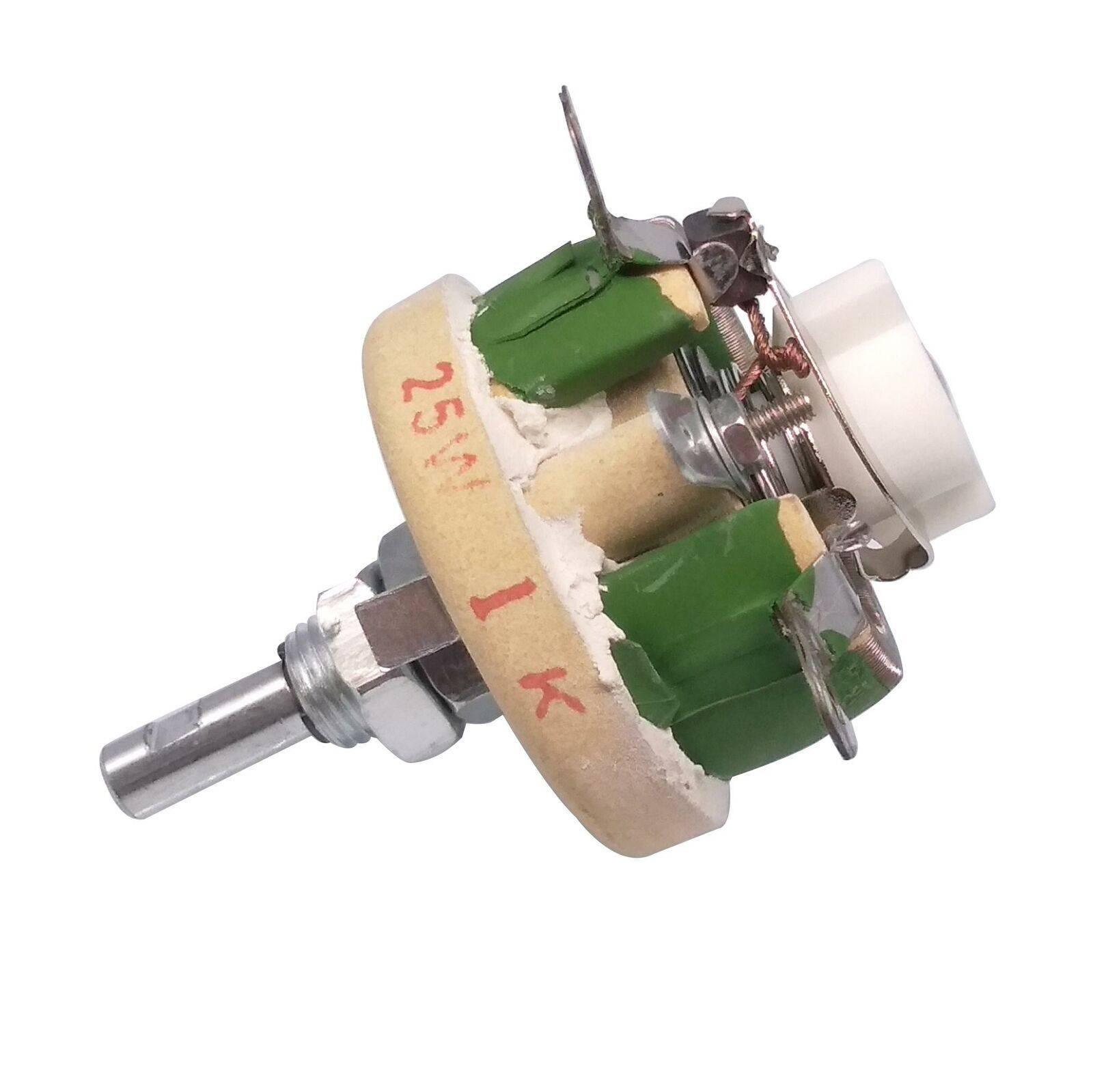 25W 1k Ohm High Power Wire Wound Potentiometer, Rheostat, Variable Resistor - a white ceramic body with green wire-wound coils, a metal adjustment shaft, and three terminals.