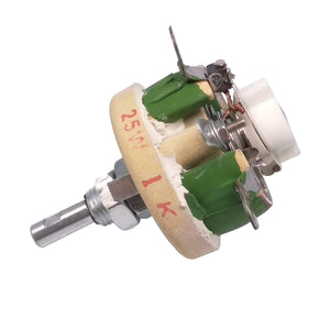 25W 1k Ohm High Power Wire Wound Potentiometer, Rheostat, Variable Resistor - a white ceramic body with green wire-wound coils, a metal adjustment shaft, and three terminals.