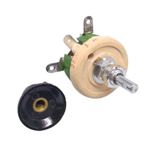 25W 1k Ohm High Power Wire Wound Potentiometer, Rheostat, Variable Resistor - a beige circular resistor with a metal shaft, three terminals, and a separate black plastic knob.