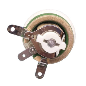 25W 1k Ohm High Power Wire Wound Potentiometer, Rheostat, Variable Resistor - a circular white ceramic rheostat with a metal wiper arm and three silver terminal lugs.