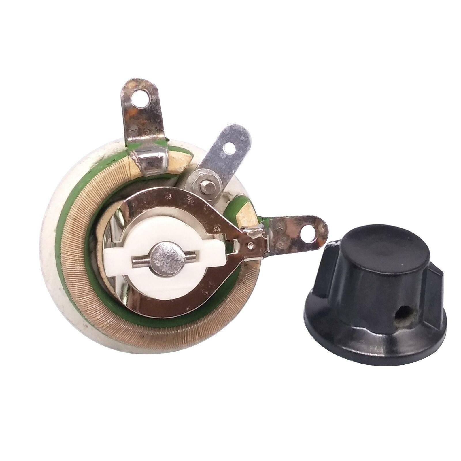 25W 1k Ohm High Power Wire Wound Potentiometer, Rheostat, Variable Resistor - a circular ceramic rheostat with three metal terminals and a separate black plastic control knob.