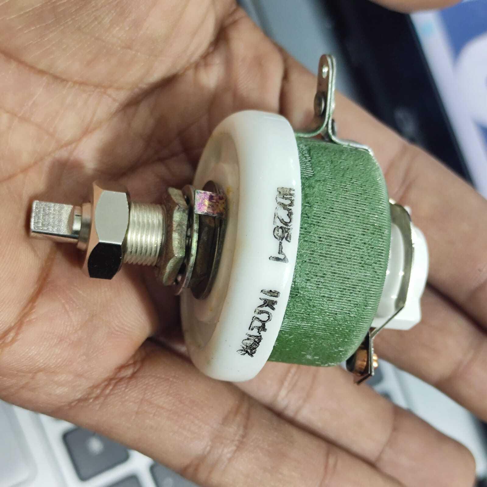 25W 1k Ohm High Power Wire Wound Potentiometer, Rheostat, Variable Resistor - shown as a green ceramic cylindrical component with a metal shaft, mounting nut, and three terminals.