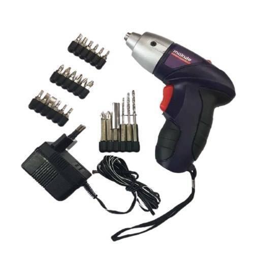 26 Pcs 4.8V Wireless Rechargeable Cordless Screwdriver Drill Machine Kit - a dark blue cordless drill, a power charger, and various screwdriver bits.