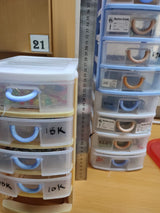 260mm x 180mm 140mm 5 Slot Organizer Box - shown with two stacked units, light blue handles, and a metal ruler measuring height against a wooden desk.