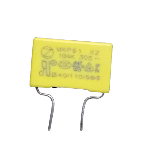 275V Capacitor 104k 0.1uF - a yellow rectangular film capacitor with two metal leads, showing printed technical markings including MKP61 and X2.