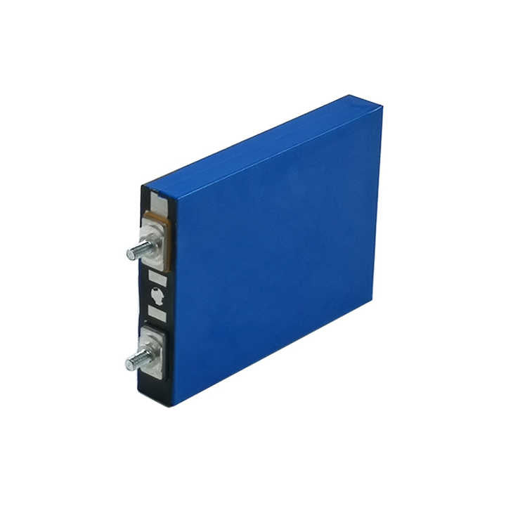 27Ah LiFePO4 Battery - prismatic battery cell in a blue case, angled to show its flat rectangular body and two threaded stud terminals on the black end plate.