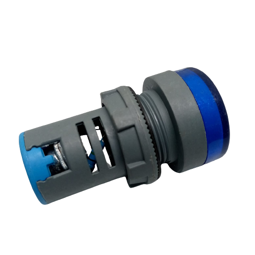 27mm 220V LED Pilot Panel Indicator Signal Warning LED Lamp - shown as a cylindrical grey plastic body with a blue circular lens and electrical terminals.