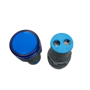 27mm 220V LED Pilot Panel Indicator Signal Warning LED Lamp - shown from the top blue lens side and the rear side with X1 and X2 terminal ports.