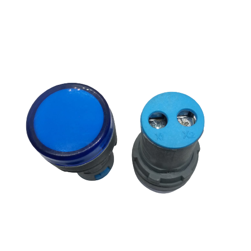 27mm 220V LED Pilot Panel Indicator Signal Warning LED Lamp - shown from the top blue lens side and the rear side with X1 and X2 terminal ports.