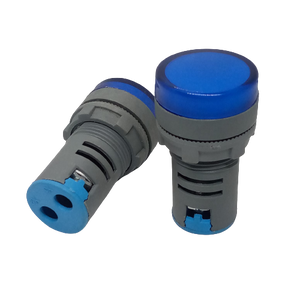 27mm 220V LED Pilot Panel Indicator Signal Warning LED Lamp - shown as two blue-capped cylindrical indicator lights with grey bodies and rear connectors.