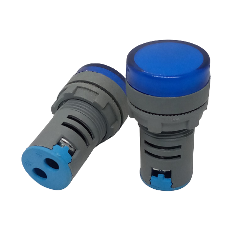 27mm 220V LED Pilot Panel Indicator Signal Warning LED Lamp - shown as two blue-capped cylindrical indicator lights with grey bodies and rear connectors.
